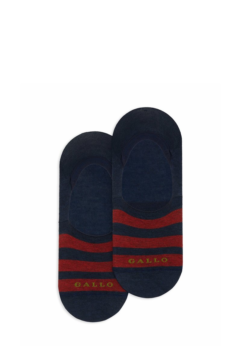 Calzini invisibili blu navy con strisce rosse e blu scuro, caratterizzati dal logo Gallo in verde. Texture liscia, punta e tallone arrotondati.