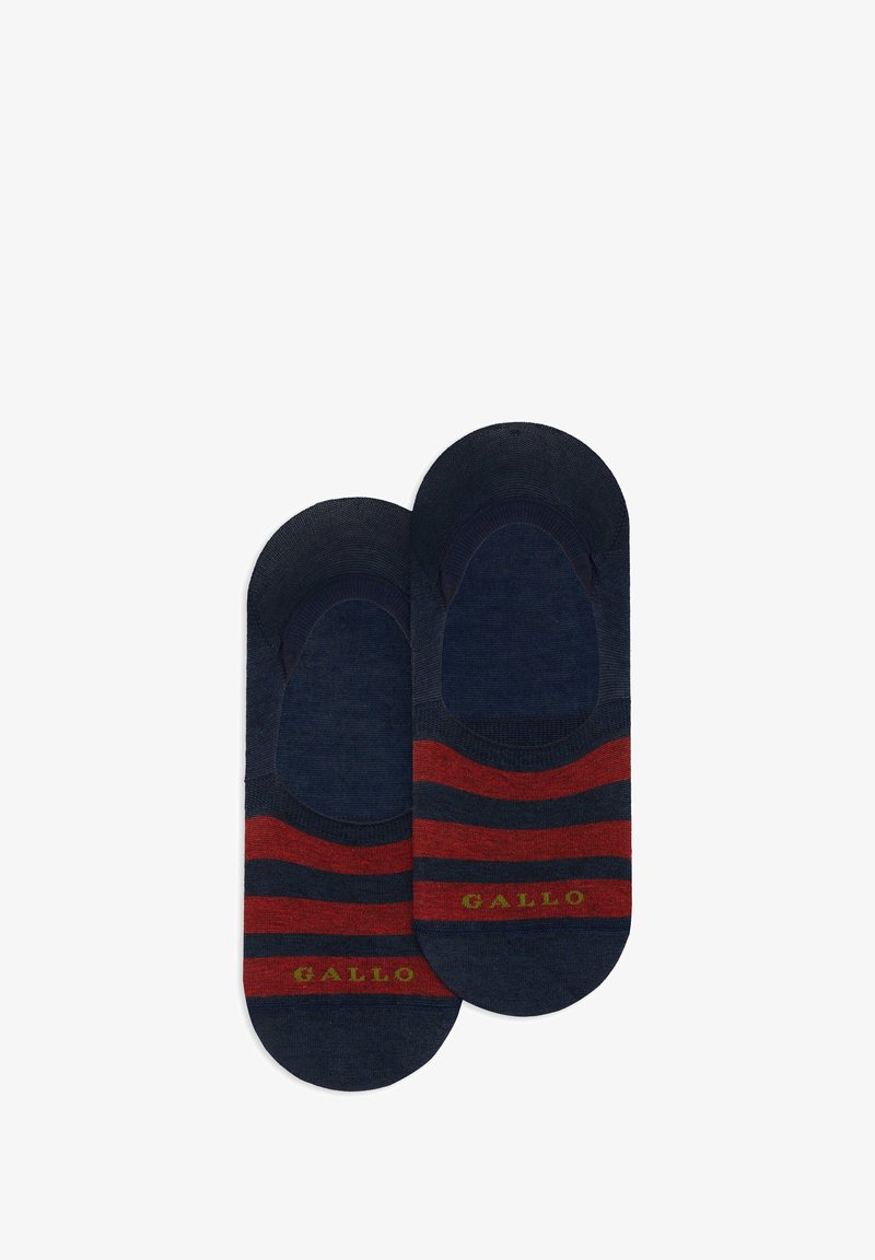 Calzini invisibili blu navy con strisce rosse e blu scuro, caratterizzati dal logo Gallo in verde. Texture liscia, punta e tallone arrotondati.