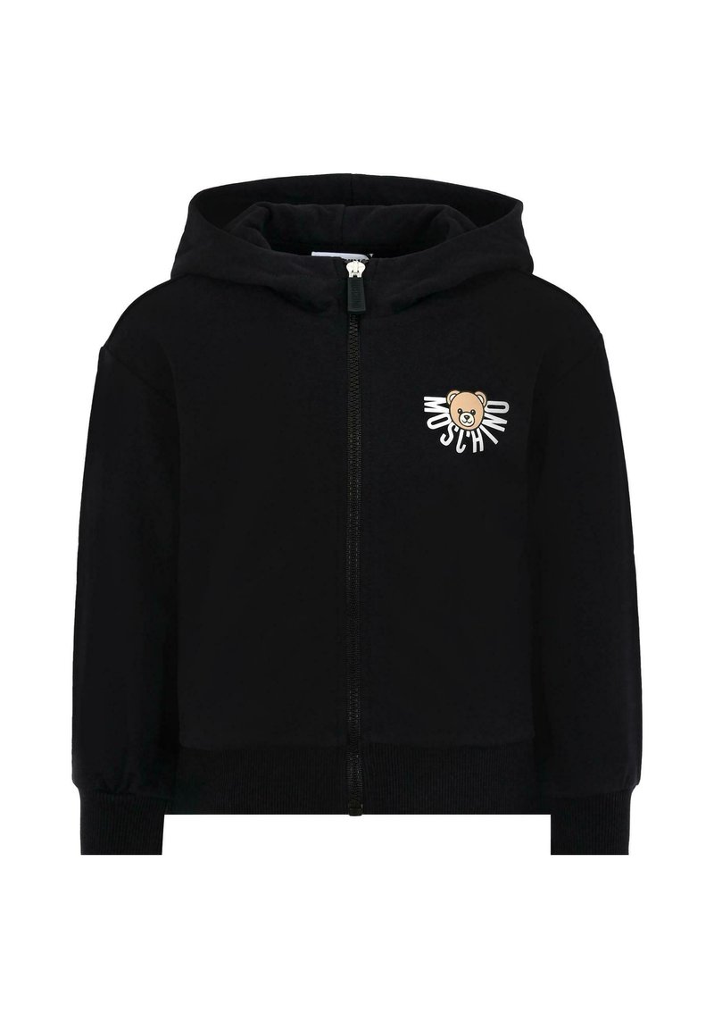Felpa nera con zip realizzata in un tessuto morbido, con una grafica di un orsetto e il testo "Moschino" sul lato sinistro del petto, dotata di tasca a marsupio.