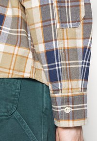 Camicia a quadri con bottoni che presenta colori blu, beige e arancione. Il tessuto è di cotone con una consistenza liscia. Pantaloni verdi visibili sotto.