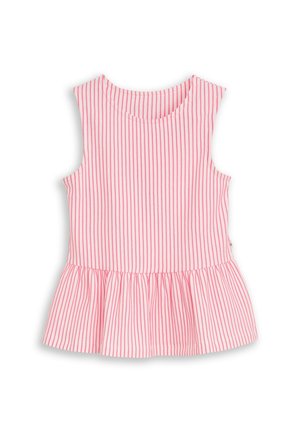 Mouwloos topje met roze en witte verticale strepen, ronde hals en peplum zoom, ontworpen voor een kind.