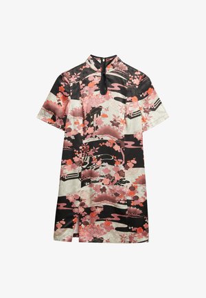 Short-sleeve dress in black and cream silk, featuring pink floral patterns, a high collar, and a front keyhole cutout.