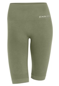 Leggings cropped color verde oliva realizzati in morbido tessuto con una vita a coste. Le caratteristiche includono un logo in vita e aree accentate con texture.