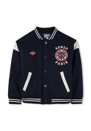 Veste varsity navy avec des accents blancs, un emblème de tigre et le texte "KENZO PARIS" ; comprend des poignets côtelés et deux poches avant.