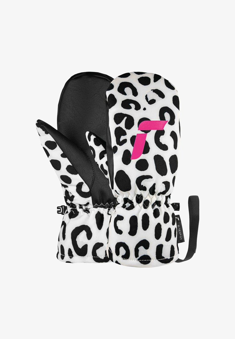 Fäustlinge aus weißem Stoff mit schwarzem Leopardenmuster, schwarzer Lederhandfläche, elastischem Handgelenkbund und pinkem Logo-Design.