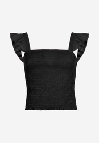 Top corto negro con smock, que presenta tirantes con volantes, una superficie texturada y una silueta ajustada, diseñado para un ajuste ceñido y comodidad.
