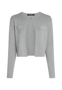 Cardigan grigio con maniche lunghe, apertura frontale e due tasche applicate. Realizzato in un morbido tessuto testurizzato con dettagli a coste lungo i bordi.