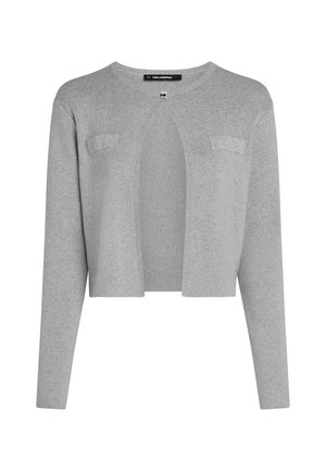 Grå cardigan med långa ärmar, öppen front och två påsydda fickor. Tillverkad av ett mjukt, texturerat tyg med ribbade detaljer längs kanterna.