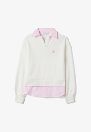 White long-sleeve pullover with a v-neck, featuring a light pink striped inner collar and a small pink embroidered logo on the chest.