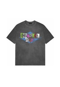 Charcoal gray cotton t-shirt featuring a multicolored graphic design with the text "Beastie Boys" in various fonts against a diamond shape.