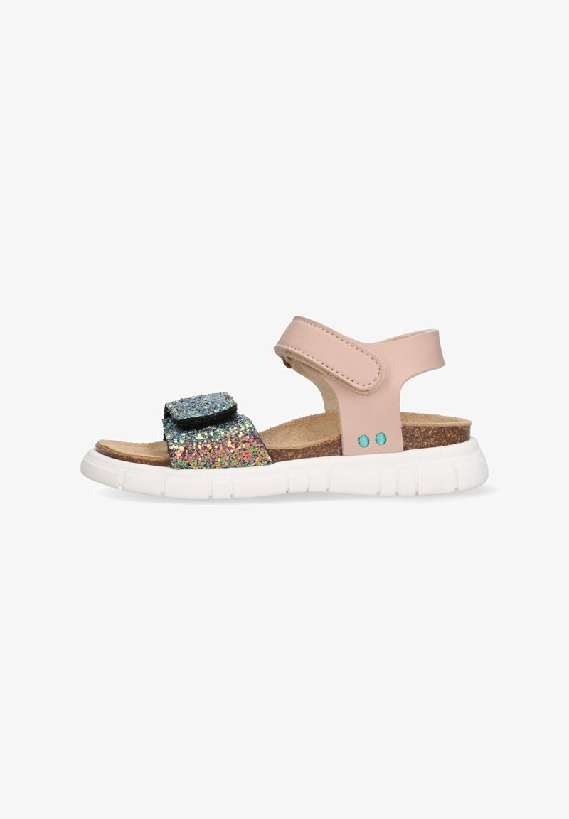 Glittery sandal with a pink synthetic upper, adjustable Velcro strap, cork footbed, and white rubber sole. Features a sparkly blue and silver accent.