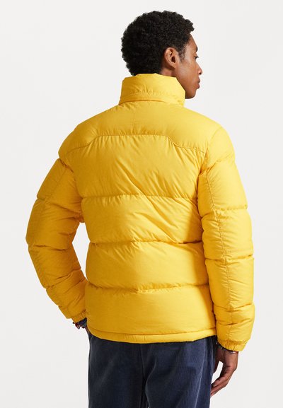 Yellow puffer jacket with a high collar, quilted design, elastic cuffs, and a smooth texture, viewed from the back.