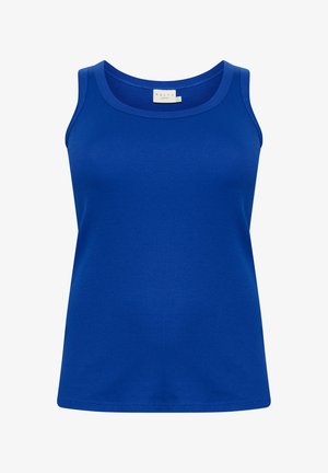 Blaues ärmelloses Tanktop aus geripptem Stoff. Verfügt über einen runden Halsausschnitt und eine lockere Passform, mit glatter Textur und ohne zusätzliche Details.