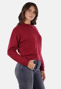 Maglione rosso lavorato a maglia con scollatura arrotondata, polsini e orlo a costine, indossato con jeans scuri attillati. Texture morbida, design cropped.