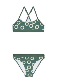 Set di bikini verde con reggiseno a maniche multiple con motivi circolari, spalline regolabili e un pantalone coordinato con un design e una texture simile.