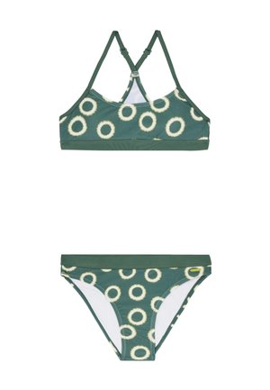 Zielony zestaw bikini z wzorzystym stanikiem w okrągłe motywy, regulowanymi ramiączkami oraz dopasowanym dołem o podobnym wzorze i fakturze.