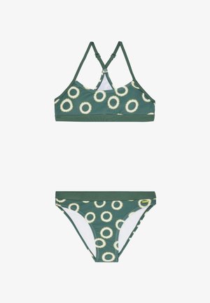 Grünes Bikini-Set mit einem gemusterten Oberteil mit kreisförmigen Motiven, verstellbaren Trägern und einem passenden Unterteil mit ähnlichem Design und Textur.
