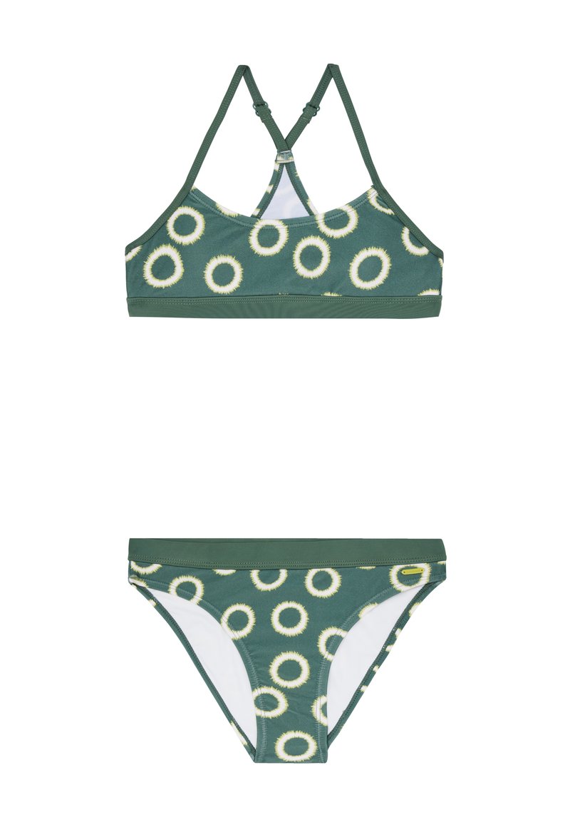 Set di bikini verde con reggiseno a maniche multiple con motivi circolari, spalline regolabili e un pantalone coordinato con un design e una texture simile.
