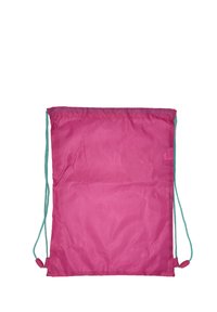 Różowy plecak na sznurku wykonany z tkaniny o gładkiej fakturze, z turkusowymi sznurkami. Charakteryzuje się prostym wzornictwem i lekką konstrukcją.
