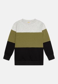 Fargeblokkert sweatshirt med topp i lys grå, midtparti i olivengrønn og bunn i svart. Laget av myk bomull med ribbestrikkede mansjetter.