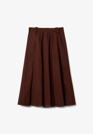 Brown pleated skirt made of smooth fabric, featuring a high waist and raw edge hem. The design has a flowy silhouette and clean lines.