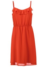 Rotes ärmelloses Kleid mit gerafftem Ausschnitt, elastischem Bund und fließendem Stoff. Leichtes Material und knielanger Schnitt.