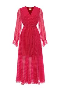 Czerwona, przezroczysta sukienka w groszki z długimi, bufiastymi rękawami, krojem typu wrap i dopasowaną talią. Sięga do długości midi. Miękka, lekka faktura.