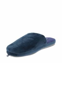 Zapatilla de felpa azul marino con puntera redondeada, textura suave y una plantilla morada contrastante. Cuenta con una lengüeta en el talón para facilitar el calzado.