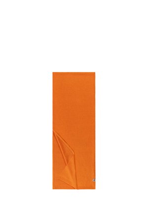 Orange knitted scarf, rectangular shape, featuring a textured pattern and a folded corner, with a small brand tag at the edge.