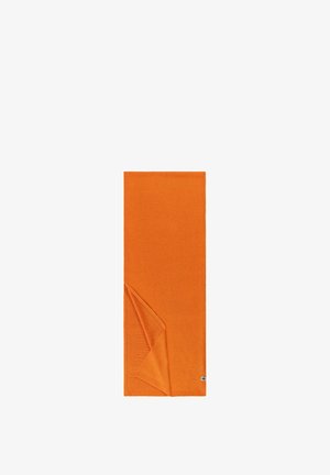 Orange knitted scarf, rectangular shape, featuring a textured pattern and a folded corner, with a small brand tag at the edge.