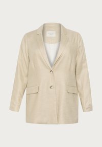 Blazer di lino beige con colletto a risvolto, due tasche frontali, chiusura a un bottone e vestibilità rilassata. Ideale per sovrapposizioni.