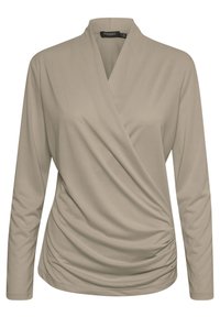 Beige Langarmoberteil mit Wickeldesign, das an der Taille sanft gerafft ist und einen tiefen Ausschnitt hat. Aus einem dehnbaren Stoff gefertigt.