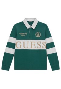Grøn langærmet polo skjorte med hvid krave og vandrette hvide striber. Har gul "GUESS" logo og broderede detaljer.