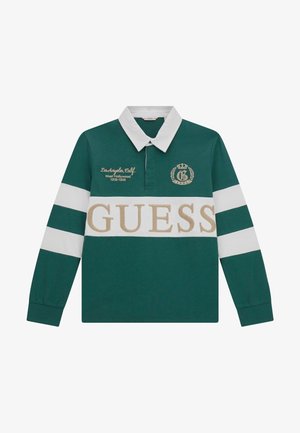 Grünes Langarm-Polohemd mit einem weißen Kragen und horizontalen weißen Streifen. Verfügt über ein goldenes "GUESS"-Logo und bestickte Details.