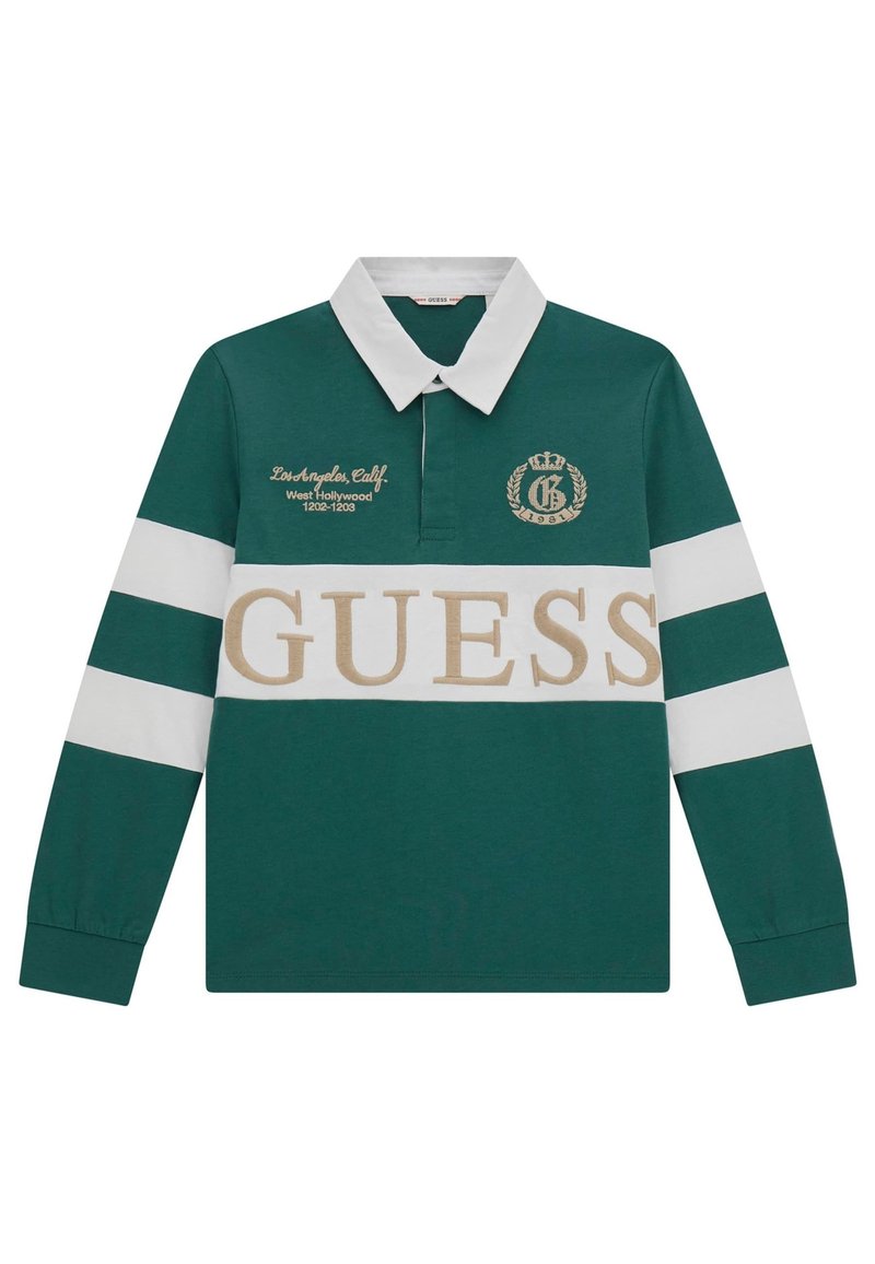 Grøn langærmet polo skjorte med hvid krave og vandrette hvide striber. Har gul "GUESS" logo og broderede detaljer.