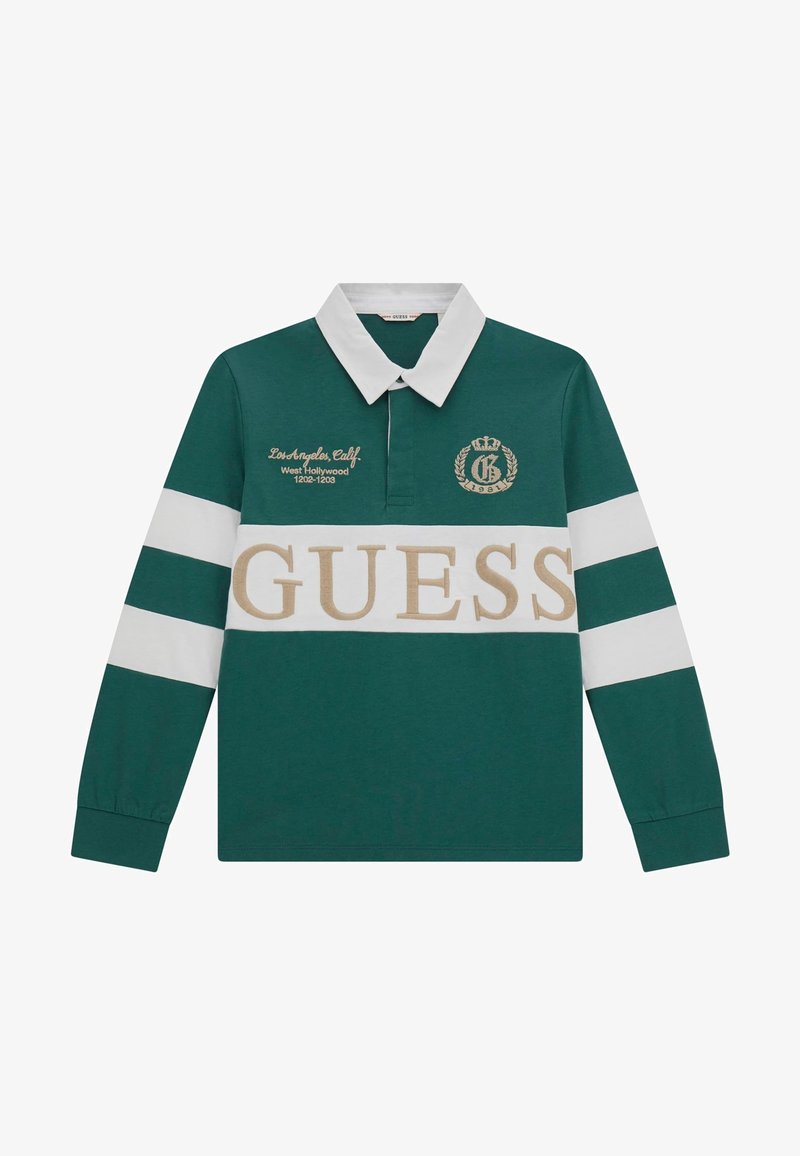 Grön långärmad polo med vit krage och horisontella vita ränder. Har en guld "GUESS"-logotyp och broderade detaljer.