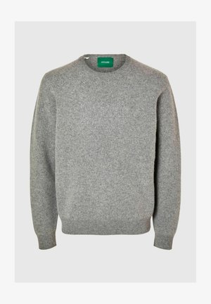 Grauer Wollpullover mit rundem Ausschnitt, langen Ärmeln sowie gerippten Bündchen und Saum. Verfügt über ein Etikett mit dem Markennamen "ANNARR."