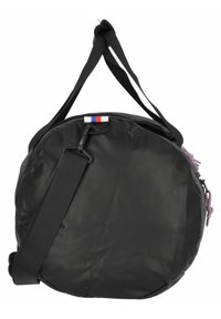 Borsa rotonda nera realizzata in materiale resistente, con tracolla nera regolabile, accento multicolore nella parte superiore e superficie texturizzata.