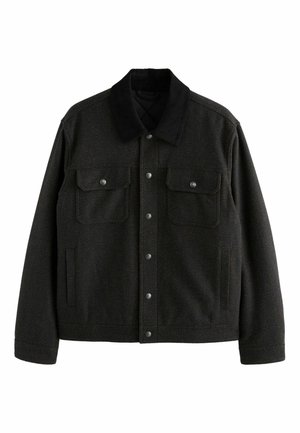 Schwarze knöpfbare Jacke mit zwei vorderen Klappentaschen und Seitentaschen, mit kontrastierendem schwarzem Kragen und langen Ärmeln.