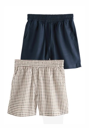 Divas pāru elastīga vidukļa bikses: vienas tumši zils viendabīgs, otru baltas ar brūnu rūtainu rakstu, abām ar sānu kabatām.