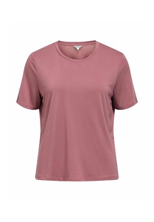 Lyhythihainen, pyöreäkauluksinen pölyisen ruusun sävyinen t-paita rentolla istuvuudella, esitetty valkoisella taustalla.