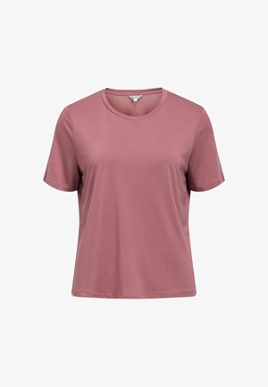 Lyhythihainen, pyöreäkauluksinen pölyisen ruusun sävyinen t-paita rentolla istuvuudella, esitetty valkoisella taustalla.