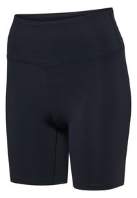 Marinblå sportshorts tillverkade av stretchigt material, med hög midja, strömlinjeformat utseende och platta sömmar för komfort.