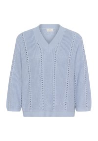 Hellblaues V-Ausschnitt-Sweatshirt mit lockerer Passform, das über eine strukturierte Garneinheit und vertikale offene Maschendetails an der Vorderseite und an den Ärmeln verfügt.