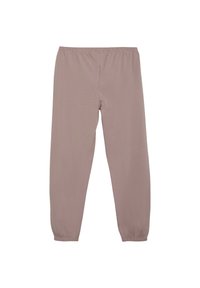 Hellbraune Baumwoll-Jogginghosen mit elastischem Bund und gerafften Bündchen an den Knöcheln. Weicher Stoff, lässige Passform, keine auffälligen Muster.