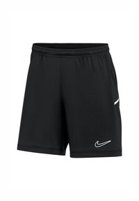Shorts de sport noirs en tissu lisse, avec une taille élastique, des poches latérales et un logo Nike blanc à l'avant.