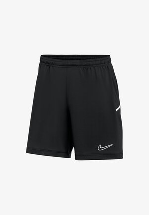 Schwarze Sportshorts aus glattem Stoff mit elastischem Bund, seitlichen Eingrifftaschen und einem weißen Nike-Logo auf der Vorderseite.