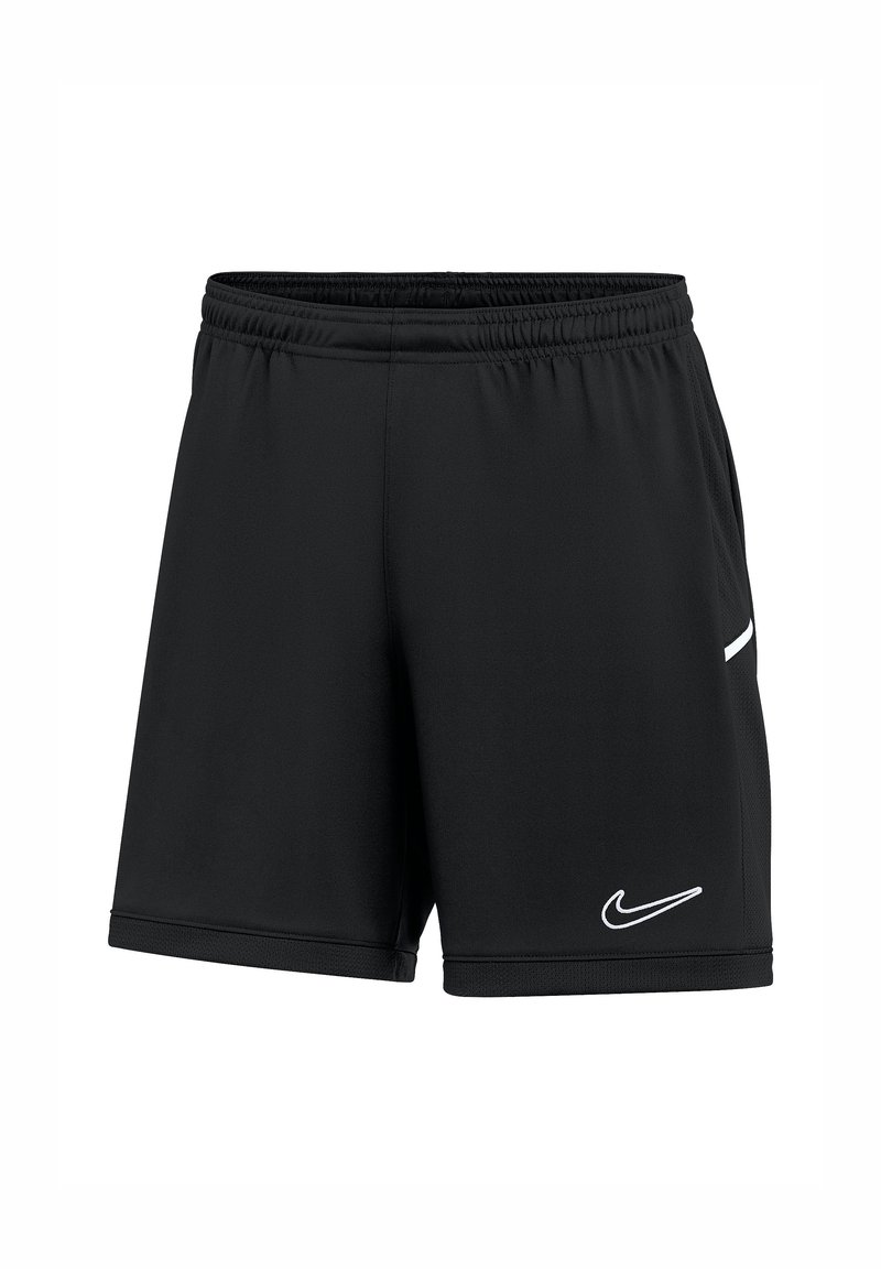Shorts de sport noirs en tissu lisse, avec une taille élastique, des poches latérales et un logo Nike blanc à l'avant.