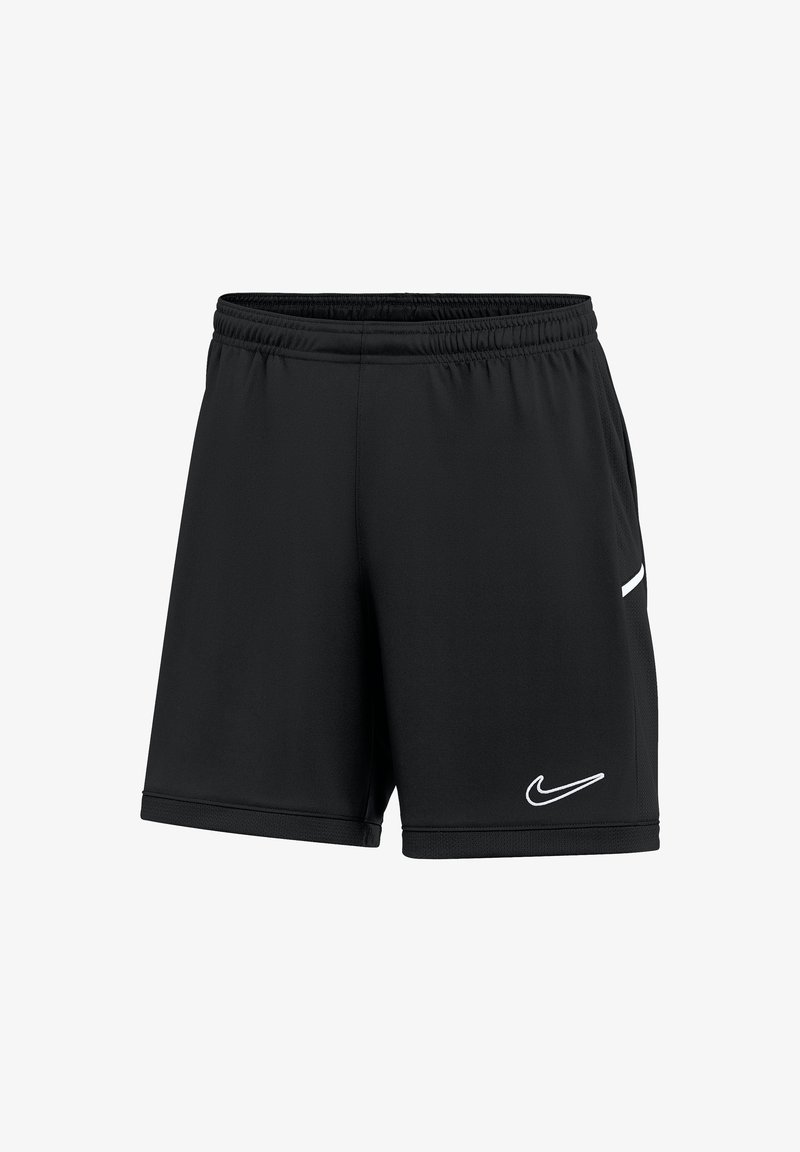 Schwarze Sportshorts aus glattem Stoff mit elastischem Bund, seitlichen Eingrifftaschen und einem weißen Nike-Logo auf der Vorderseite.