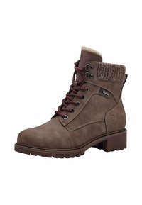 Bottine en cuir marron avec un col en tricot texturé marron, des lacets brun-rouge, des œillets en métal et une semelle robuste pour une bonne traction.